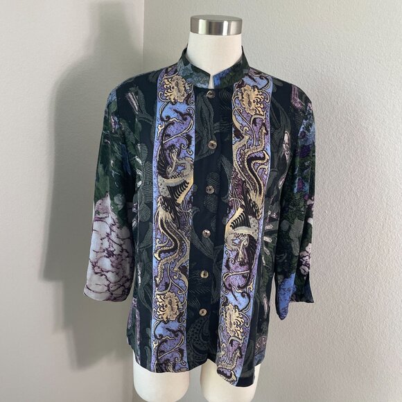 Citron Santa Monica Womens Medium Petite Silk Button Up Blouse Dragon Floral - Picture 1 of 12